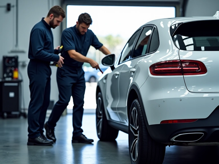 Professional detailing team working on a luxury car