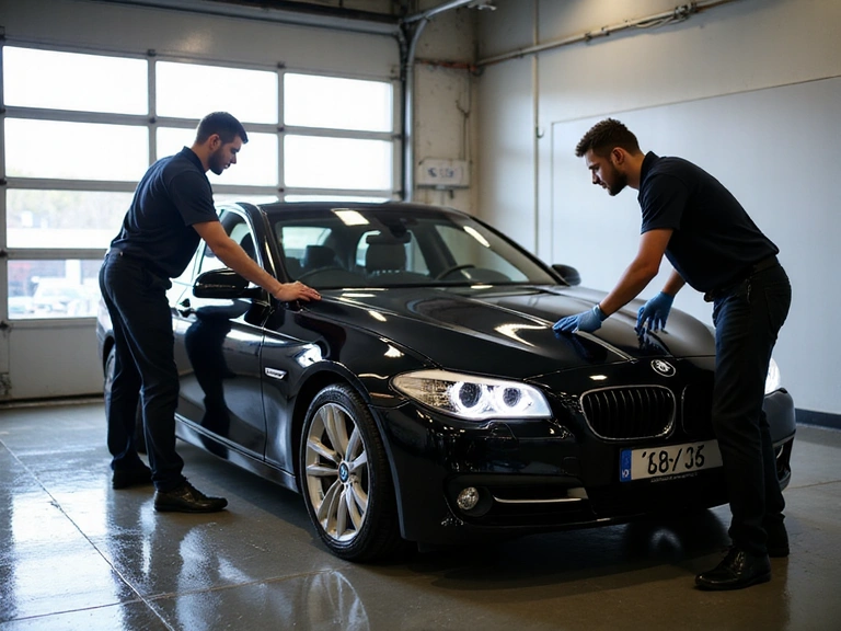 Professional detailing team working on a luxury car